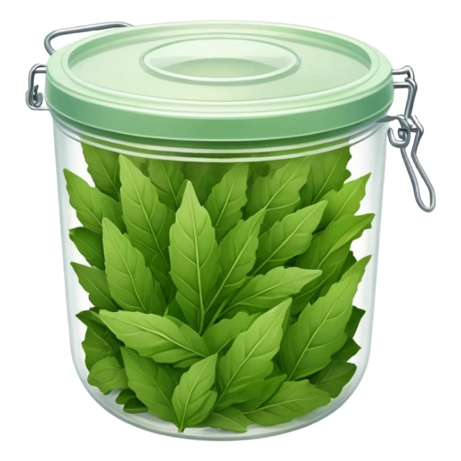 small plastic container with green dried herbal leaves which are clumped together sticker