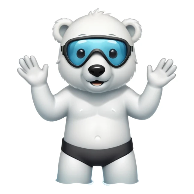 friendly anthropomorphised polar bear standing in a puddle of water, wearing board shorts, scuba mask over eyes with snorkel tube sticker