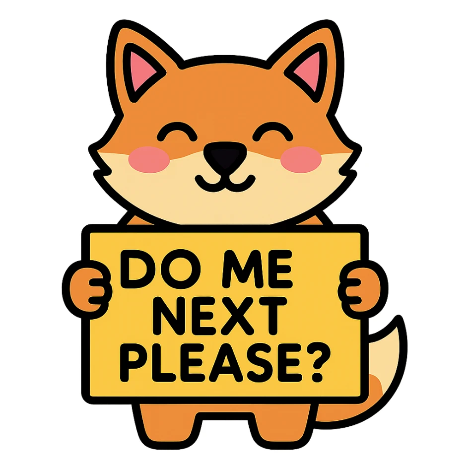 blushing fox holding a sign with the text 'do me next please?' color outline icon style sticker