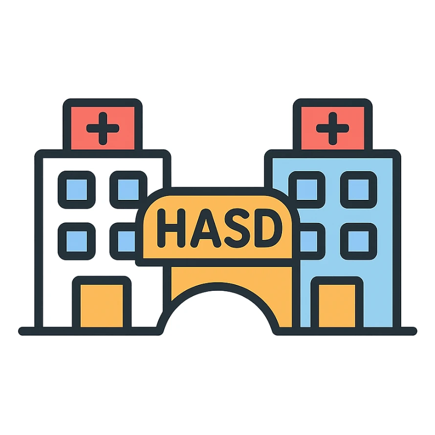 minimal modern icon style of a bridge connecting two different hospitals with the text 'HASD' standing on the bridge, easy to read text sticker