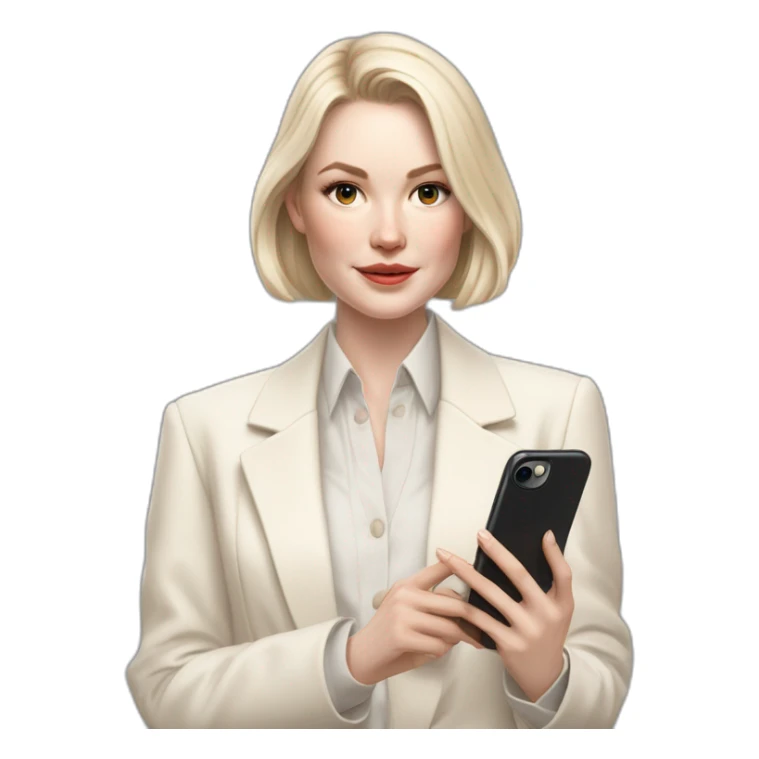 pale skin woman with ash blonde Straightened bob Hair, White Spacious classical jacket, beige palazzo Arrow pants and gray blouse holding white IPhone 15 pro in the hands sticker
