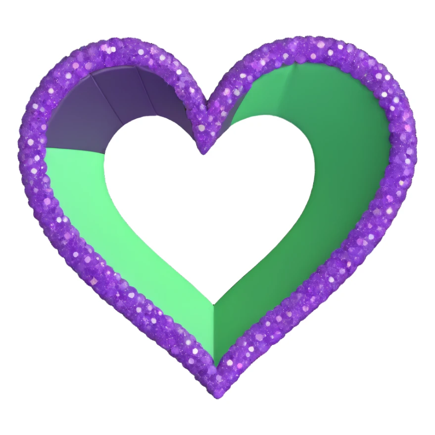 3D emoji of a heart split vertically with left half purple and right half green, sparkles around it sticker