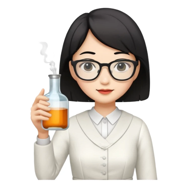 asian teacher with a white dress holding a flask with retangle glasses and black short hand  sticker