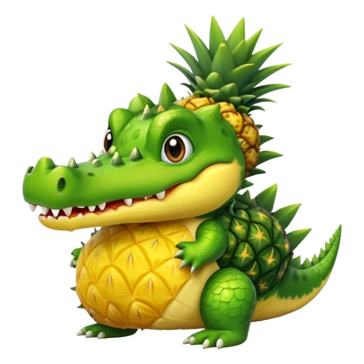 A cute crocodile with a pineapple body, the crocodile head is green with teeth and the body is a yellow pineapple with spiky texture sticker