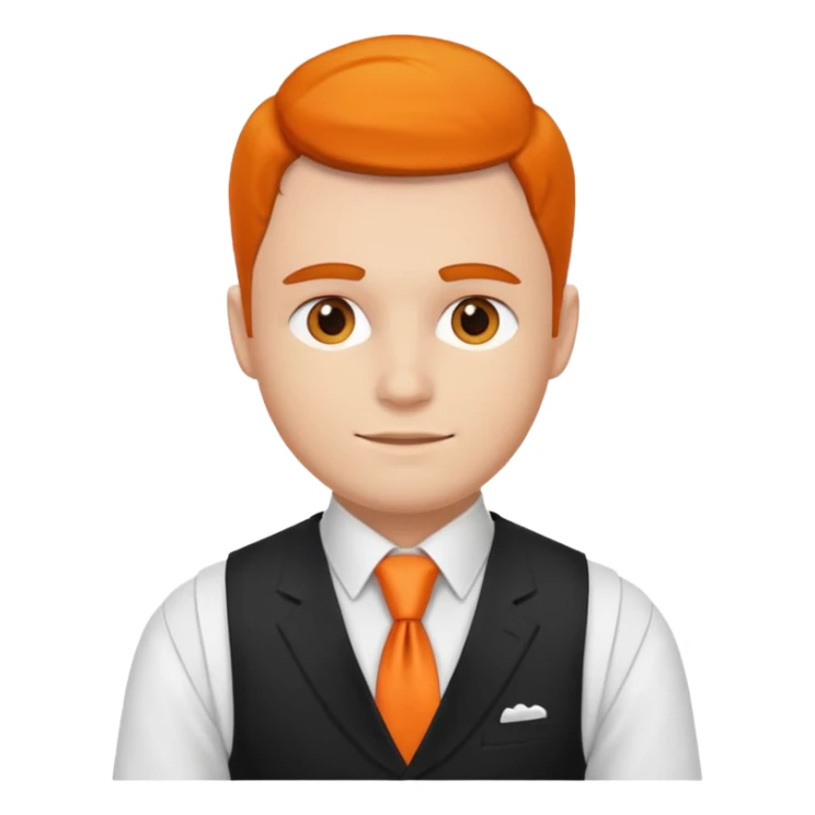 groom in white vest, orange tie sticker