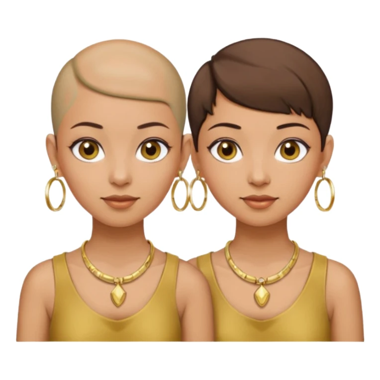 Twin sisters olive skin tone one with bald head and one with pixie brown hair cut wearing gold hoop earrings and gold necklace sticker