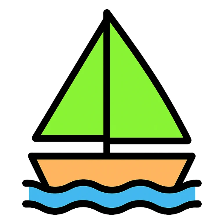 a sail boat with a bright green #00ff00 sail, clean icon, modern style sticker