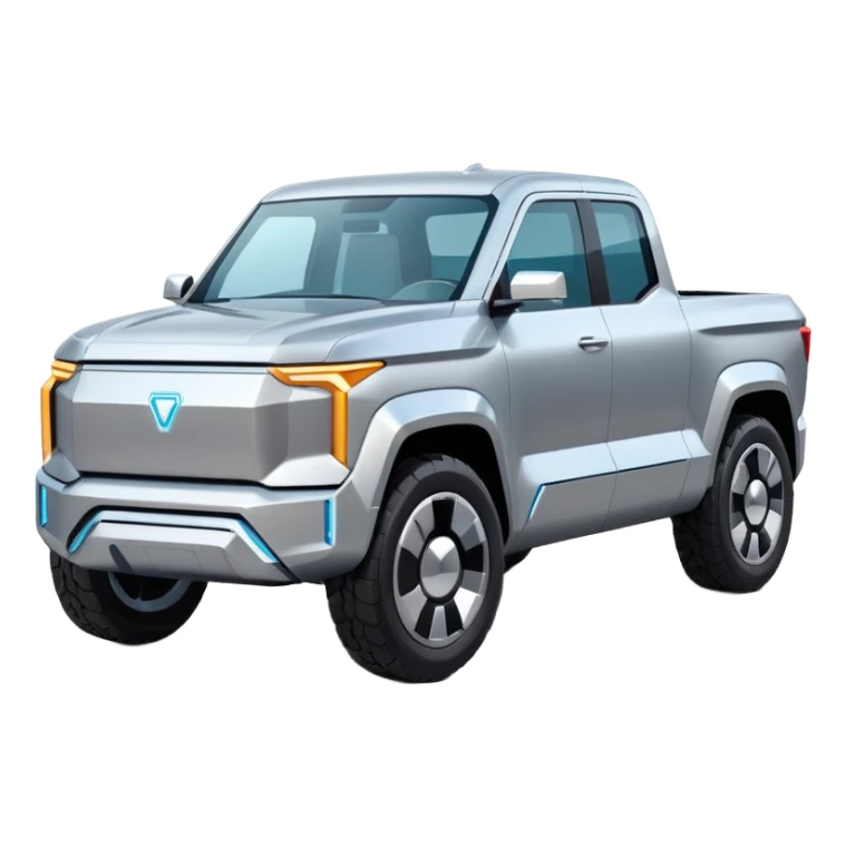 A futuristic electric pickup truck emoji, silver chrome body, angular cyber design, smooth metallic panels, subtle reflections, minimalistic proportions, iOS emoji style, centered composition, clean white background, soft lighting sticker