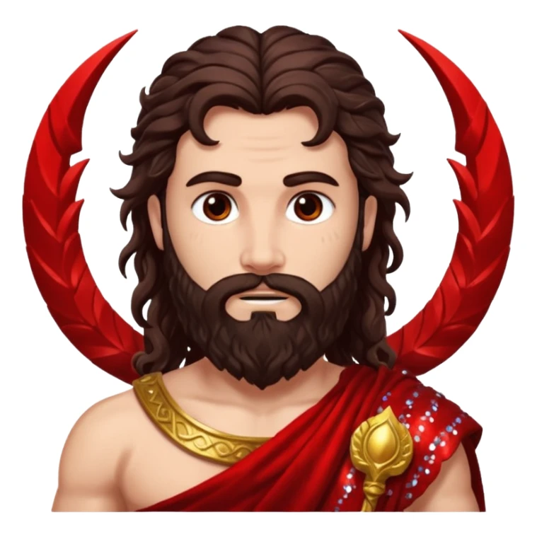 Mars, God of War from Roman Deities with long dark brown wavy hair and beard, deep red sequin toga sticker