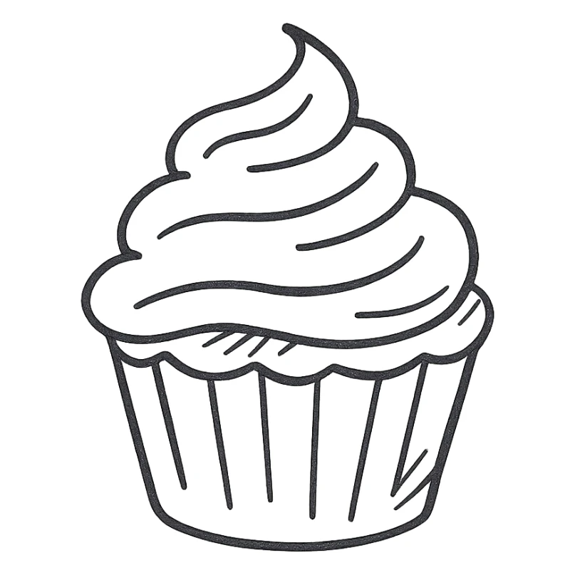 cupcake with pink icing, hand drawn outline style sticker