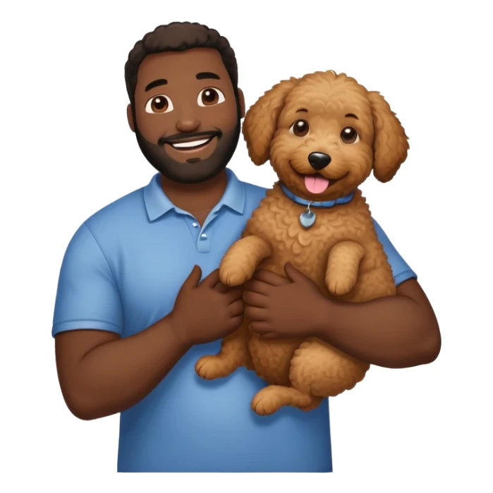 a groodle dog being held by a big black guy sticker
