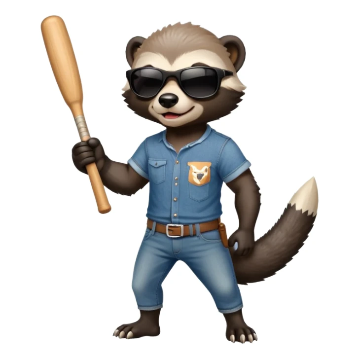 mischievous anthropomorphised honey badger in jeans and a t-shirt, wearing sunglasses, holding a baseball bat sticker