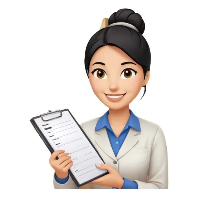 A smiling female middle-aged warehouse manager with black eyes and half up bun black hair, holding an inventory list，without background sticker