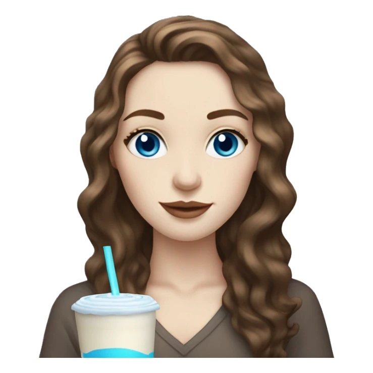 Pale skin women with brown wavy hair and blue eyes drinking ice latte  sticker