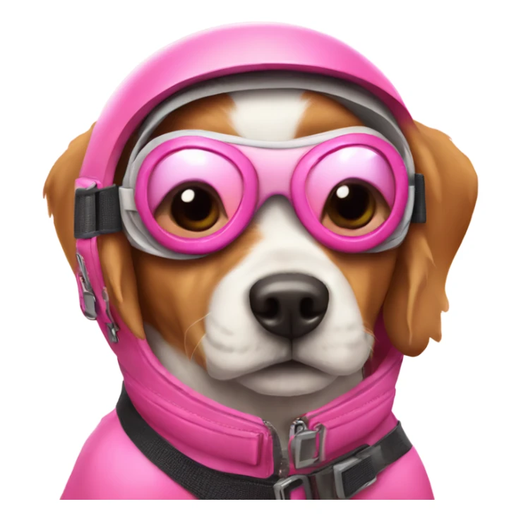 Dog wearing pink sky diving goggles and sitting in a pink helicopter sticker