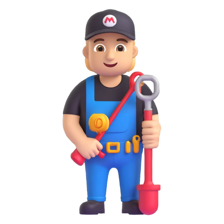 Plumber wearing a black t-shirt in 3D emoji style, microsoft style 3d fluent emoji with smooth shading and vibrant colors. sticker