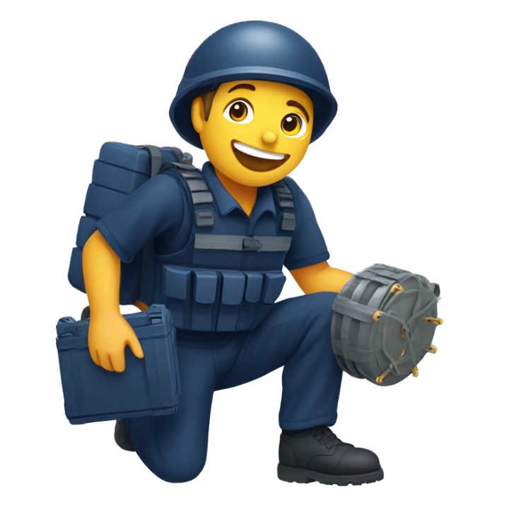 happy landmine clearance deminer holding landmine detector looking for bombs on the ground. navy blue outfit.   sticker
