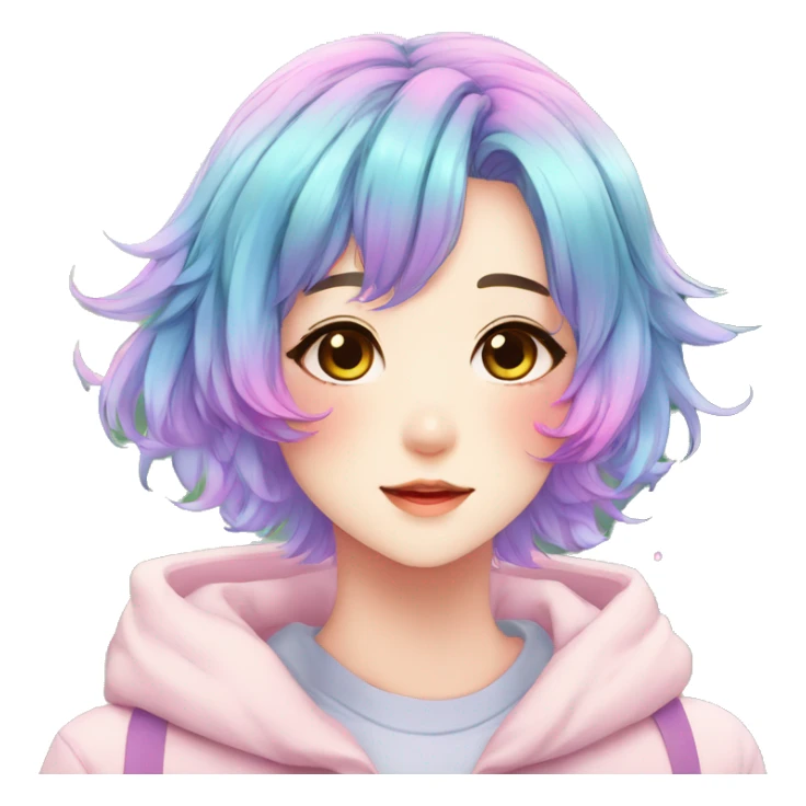 Gorgeous anime style shojo character with blushing face aesthetic and pretty colorful shiny gradient pastel hair with hair garment trending style sticker