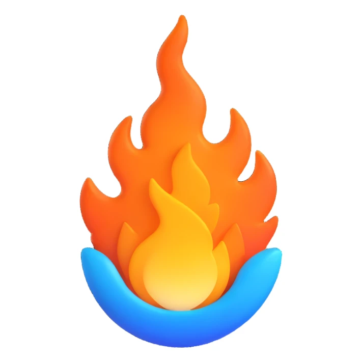 classic fire emoji, 3D style, blue to orange gradient, compact and bold, matching reference image, new shape variation sticker