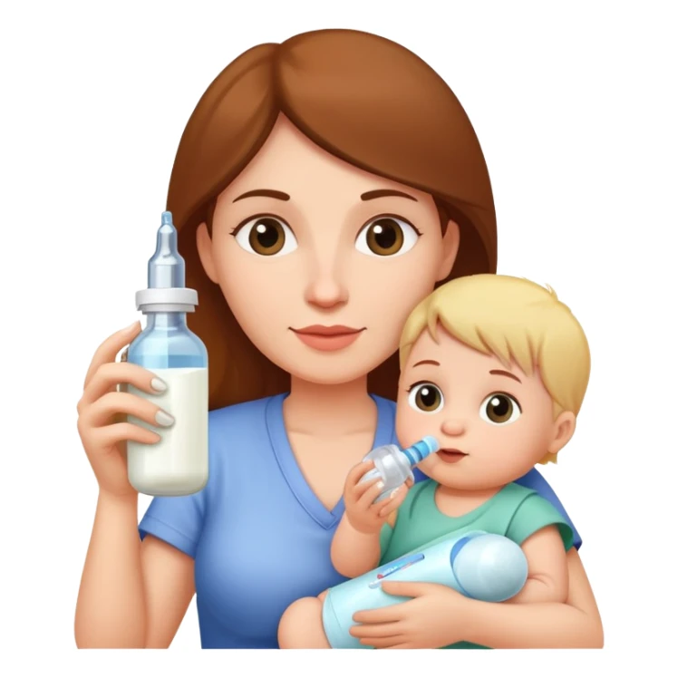 Mother holding a baby bottle with milk and a vaccine syringe sticker