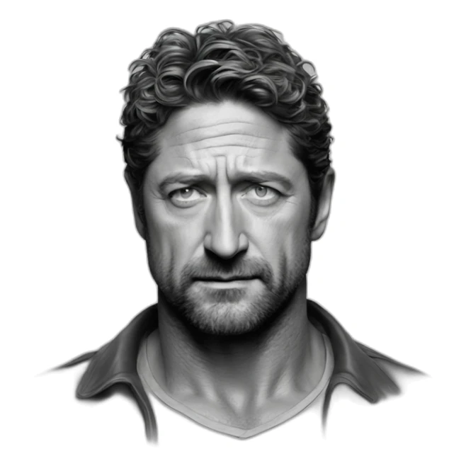 actor gerard butler serious cartoon wearing henley sticker