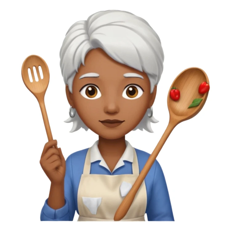 woman, brown skin, white hair, with apron sticker