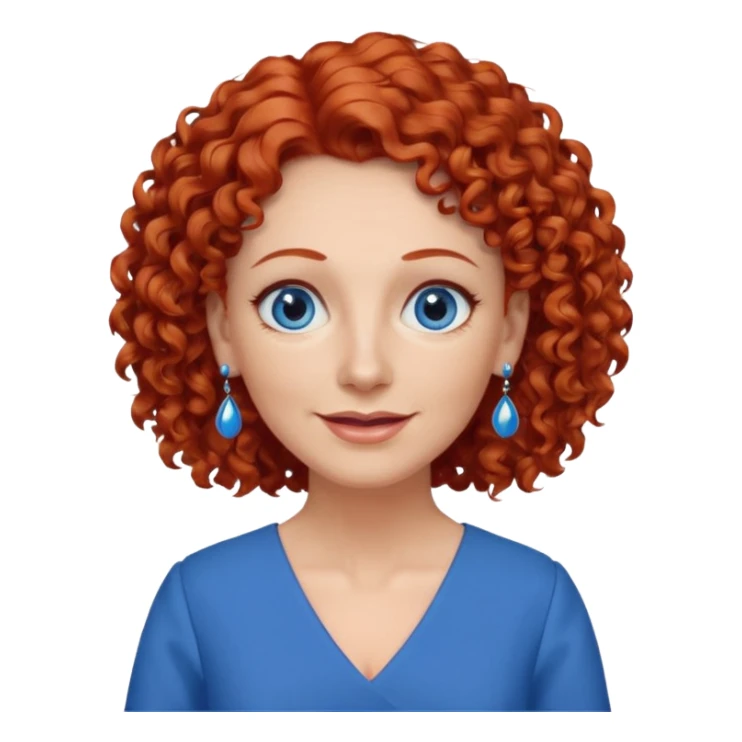 una profesora mayor simpática con el pelo rojo rizado, ojos azules, vestido azul y pendientes azules hablando sticker