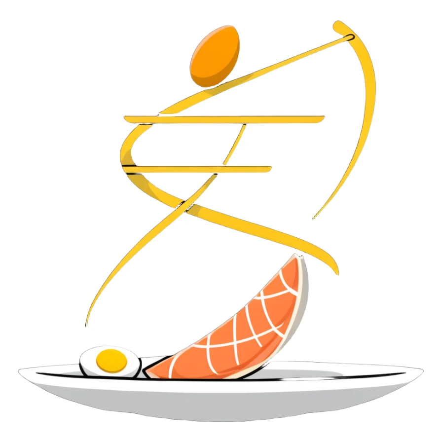 Floating plate with cute stylized protein foods: golden egg, salmon fillet, chicken breast, and tofu block, orbiting a DNA double helix, with energy beams connecting to a muscular figure silhouette sticker