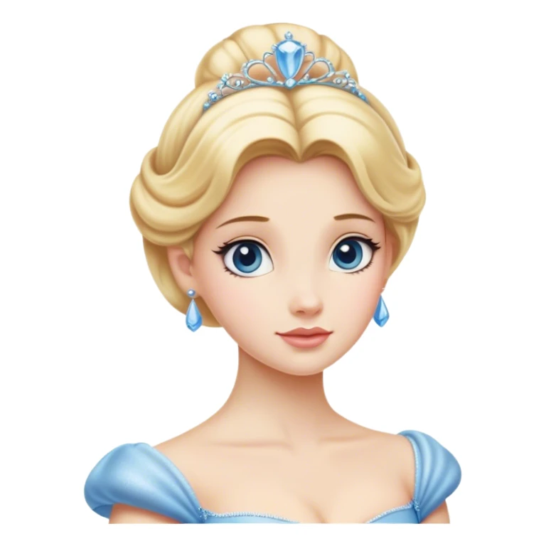 Cinematic Elegant Cinderella Portrait Emoji, rendered in a realistic, vector-style with minimal shading and bold, simplified shapes. Depict Cinderella in her classic ball gown (chest and above) with fair, porcelain skin and elegantly styled blonde hair, her eyes soft and kind, and her expression serene and graceful. The design glows with a gentle, enchanting radiance and high shine, capturing the timeless beauty of a fairy tale princess. sticker