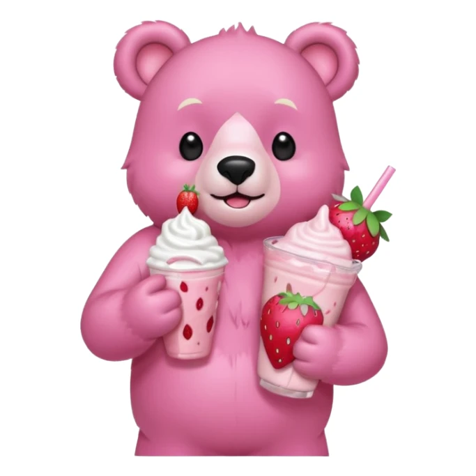 A pink bear is holding a strawberry and drinking a strawberry milkshake 
transparent background 
the style should be a teenager's hand-drawn, 2D, 2020s Japanese character-like sticker