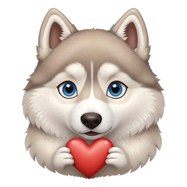 Beige husky with blue eyes holding a brown heart sticker