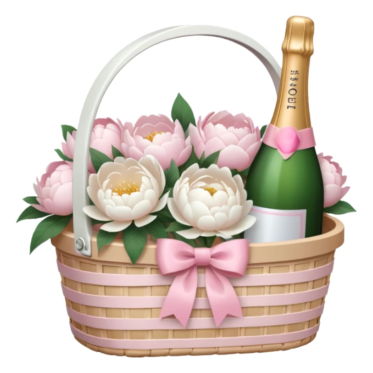 White Picnic basket with light pink bow and white peonies and a pink champage bottle inside sticker