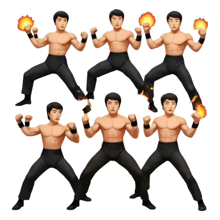 Collage of Arnold Schwarzenegger, Sylvester Stallone, Bruce Lee, and Jackie Chan in intense action poses, surrounded by explosions, martial arts moves, weapons. The design should capture the high energy and heroism of classic action films. Transparent background. sticker