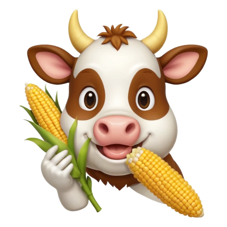 cute cow eating corn, holding corn with mouth, happy expression, 3D cartoon, mobile game icon style, clean background, no text, no watermark
 sticker
