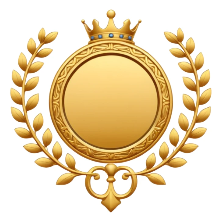 An elegant golden medal emblem with a sophisticated crest design, intricate details, ornamental flourishes, and a luxurious finish sticker