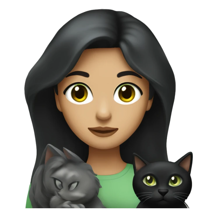 A  light Hispanic woman with  long black hair holding a Dark graycat with light green eyes sticker