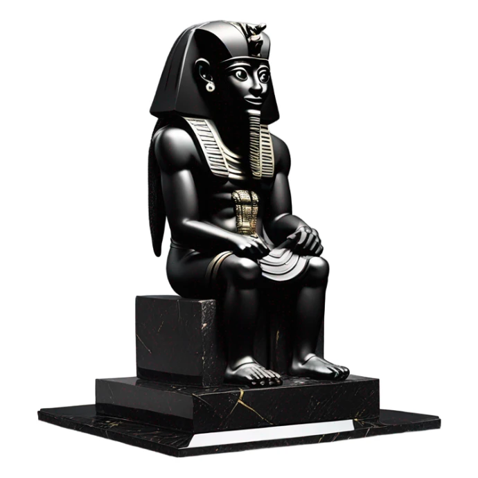 Osiris crook and flail obsidian statue on granite 30 ton brick, massive size, sunlight behind, sunset colors, reflections on black stone polished clean perfect, photography angles sticker