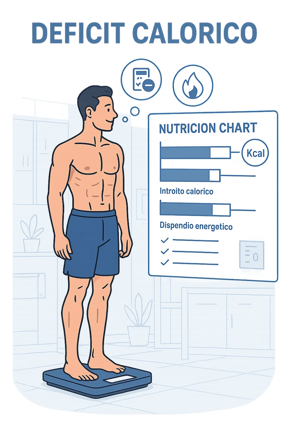 a man stands on a digital scale, looking at a nutrition chart that shows his daily calorie intake is lower than his energy expenditure. Floating icons above his head display a negative calorie balance, and his body appears slightly leaner, with visible muscle definition. The background is a modern clinic, emphasizing the concept of caloric deficit. scritto in italiano sticker