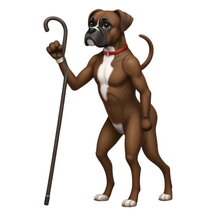 Elderly adult dark black boxer dog standing on hind 2 legs hunched over using one cane sticker