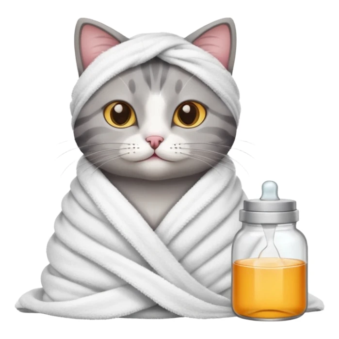 cat wrapped in a towel, relaxing with skincare products sticker