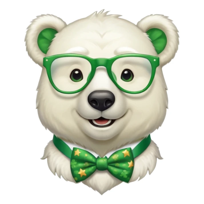 head and shoulders of a friendly anthropomorphised polar bear smiling, wearing large multicolored star-shaped glasses, green bow tie, shamrock pin, festive green shirt sticker