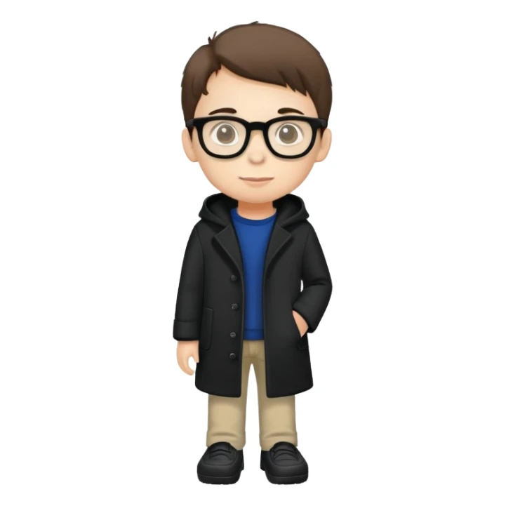 boy with glasses, short height, wearing crocs and a black coat sticker