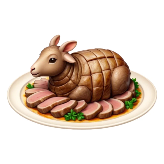 Roast Lamb Cinematic Realistic Roast Lamb Dish Emoji, depicted as thinly sliced roast lamb arranged artfully on a plate, rendered with rich textures and warm, inviting lighting. sticker