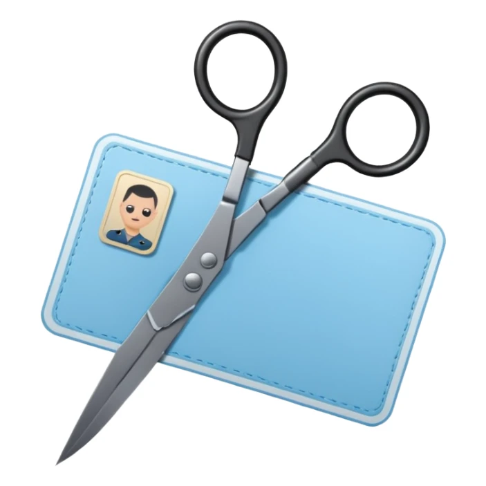 Floating black Scissors cutting a light blue military ID card in 2 parts .hyper realistic sticker