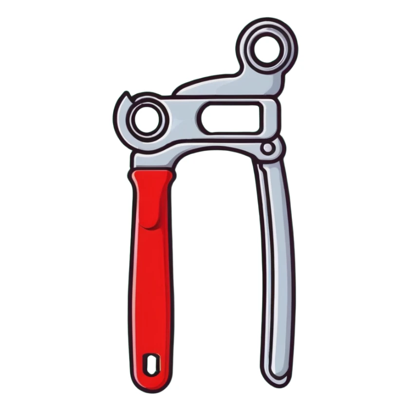 manual can opener with red plastic handle and silver metal cutting edge sticker