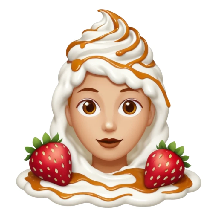 sticking out and two strawberries, whip, whipped cream and caramel all over and two strawberries sticker