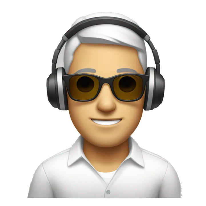 male in white shirt headphones with sunglasses sticker