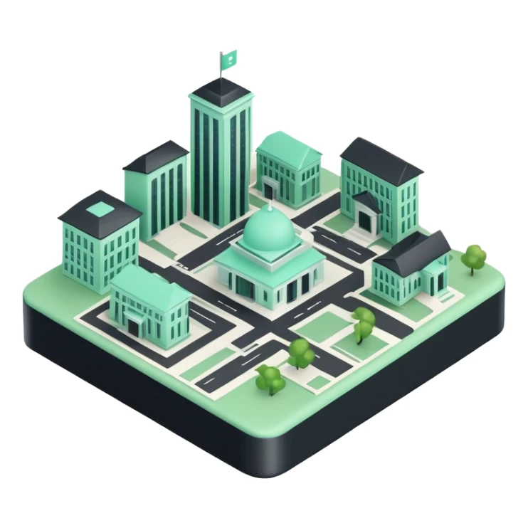 Collectivités Territoriales (Local Authorities), 3D techy icon with black and mint green (#B5F4D3) color scheme, regional map with administrative buildings sticker