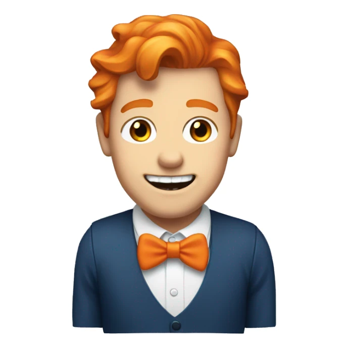 british white guy with orange hair, buck teeth, blue bowtie, and red vest sticker