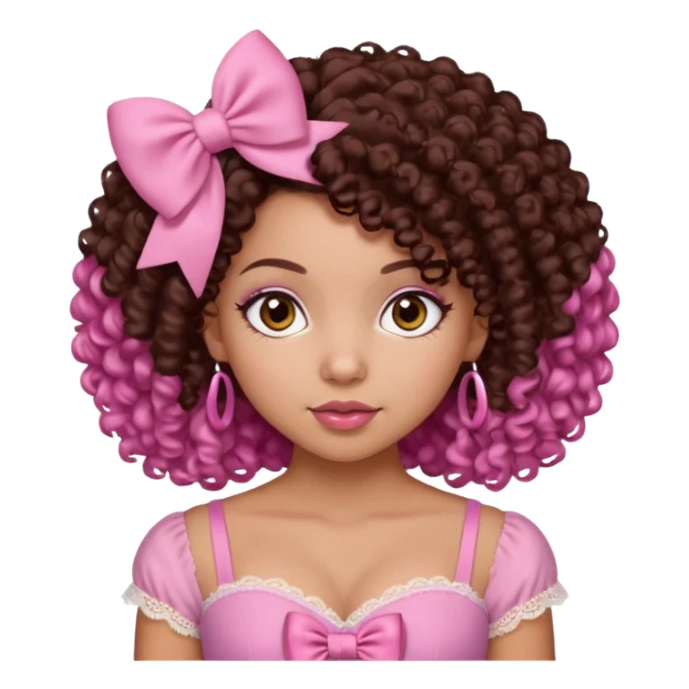 medium-light kinned afro-latina girl with medium length chocolate brown side part curly hair, brown eyes, pink sweetheart necklined top with lace, round wide-ish nose, chubby long shaped face, pink hair bow sticker